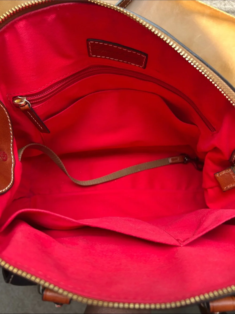 Dooney & Bourke Black Pebble Grain Leather Front Pocket Satchel with Brown Trim